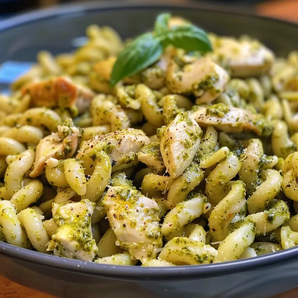 ['Prato de massa com frango e pesto cremoso em close.', 'Porção de massa de frango com pesto cremoso e alto teor de proteína.', 'Frango fatiado com massa em molho pesto cremoso.', 'Detalhe de massa com frango e pesto, servido em prato branco.']