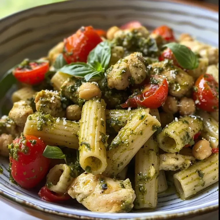['Prato de Massa de Frango com Pesto e Vegetais Coloridos.', 'Close de uma deliciosa Massa com Frango e Pesto.', 'Frango grelhado com pasta de grão-de-bico ao pesto.', 'Porção de Massa com Pesto, Frango e Tomates-cereja.']