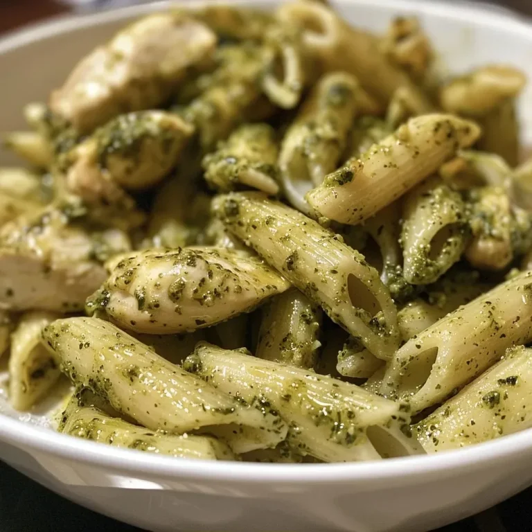 ['Close-up de massa de frango com pesto.', 'Prato de penne com pedaços de frango e molho pesto.', 'Chicken pesto pasta servida com creme de leite.', 'Massa com frango e molho pesto em ângulo lateral.']