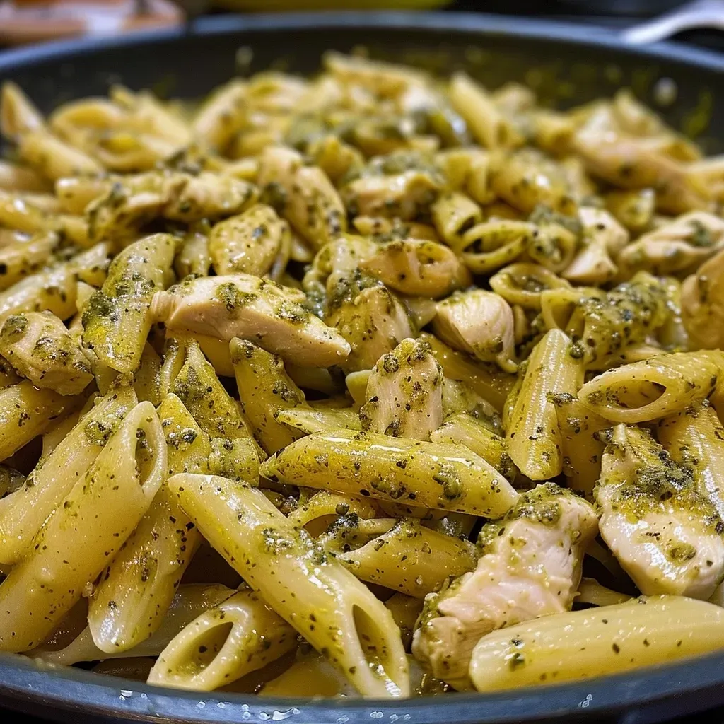 ['Close-up de massa de frango com pesto.', 'Prato de penne com pedaços de frango e molho pesto.', 'Chicken pesto pasta servida com creme de leite.', 'Massa com frango e molho pesto em ângulo lateral.']