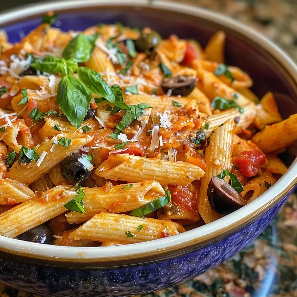 ['Close-up de prato de massa penne mediterrânea.', 'Porção de penne com molho de tomate e azeitonas.', 'Massa penne com ingredientes frescos, vista lateral.', 'Prato saboroso de penne mediterrânea com ervas.']
