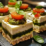 ['Mini cheesecake salate al pesto com cobertura de pesto e tomate.', 'Close-up de mini cheesecakes salgados decorados com folhas de manjericão.', 'Porção de mini cheesecakes salate al pesto, apresentando camadas cremosas.', 'Mini cheesecake salgado com detalhes de tomate colorido e pesto verde.']