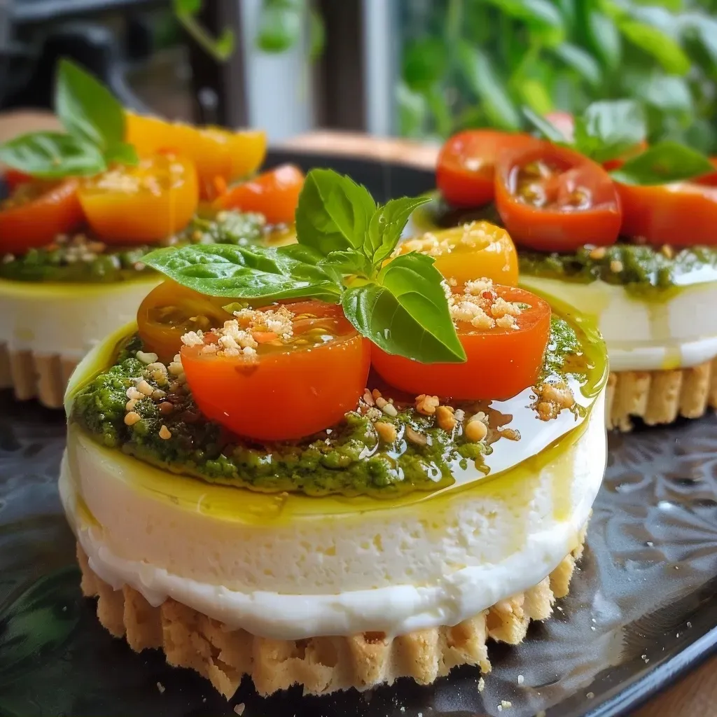 ['Mini cheesecake salate al pesto com cobertura de pesto e tomate.', 'Close-up de mini cheesecakes salgados decorados com folhas de manjericão.', 'Porção de mini cheesecakes salate al pesto, apresentando camadas cremosas.', 'Mini cheesecake salgado com detalhes de tomate colorido e pesto verde.']