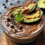 ['Mousse de chocolate cremoso feito com abacate, servido em uma tigela.', 'Close-up de mousse de abacate com chocolate, com textura suave e densa.', 'Uma porção de mousse de chocolate à base de abacate em apresentação atraente.', 'Mousse de abacate e chocolate, rica e saudável, em uma vista lateral detalhada.']