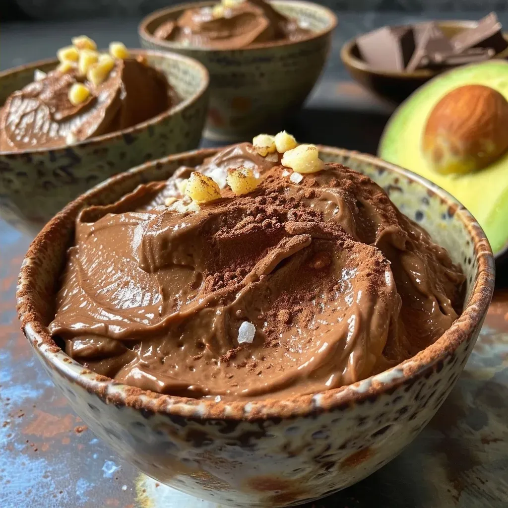 ['Mousse de chocolate cremoso feito com abacate, servido em uma tigela.', 'Close-up de mousse de abacate com chocolate, com textura suave e densa.', 'Uma porção de mousse de chocolate à base de abacate em apresentação atraente.', 'Mousse de abacate e chocolate, rica e saudável, em uma vista lateral detalhada.']