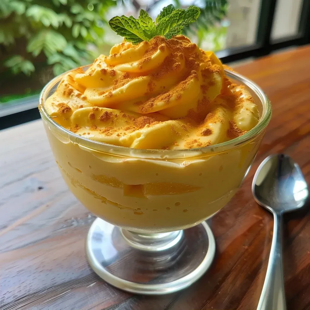 ['Close-up de mousse de maracujá em um prato.', 'Mousse de maracujá com cobertura de sementes e folhas de menta.', 'Porção de mousse de maracujá exibida de lado.', 'Mousse de maracujá cremoso em um recipiente elegante.']