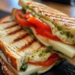 ['Panini de mozzarella crocante com tomate e pesto.', 'Close-up de um panini recheado com queijo mozzarella e pesto.', 'Sanduíche crocante de mozzarella com fatias de tomate fresco.', 'Panini de queijo mozzarella em destaque, servido com pesto.']