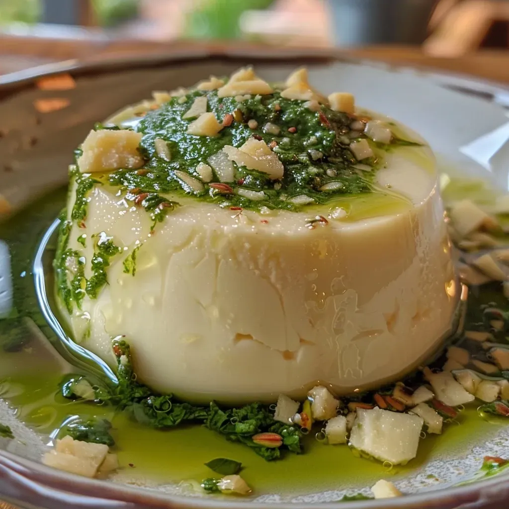 ['Close-up de Panna Cotta de Parmesão com Pesto de Manjericão e crocante.', 'Panna Cotta de Parmesão acompanhada de pesto verde e bolinhas crocantes.', 'Deliciosa Panna Cotta de Parmesão com pesto de manjericão e decoração crocante.', 'Vista lateral da Panna Cotta de Parmesão com pesto e pinhão tostado.']