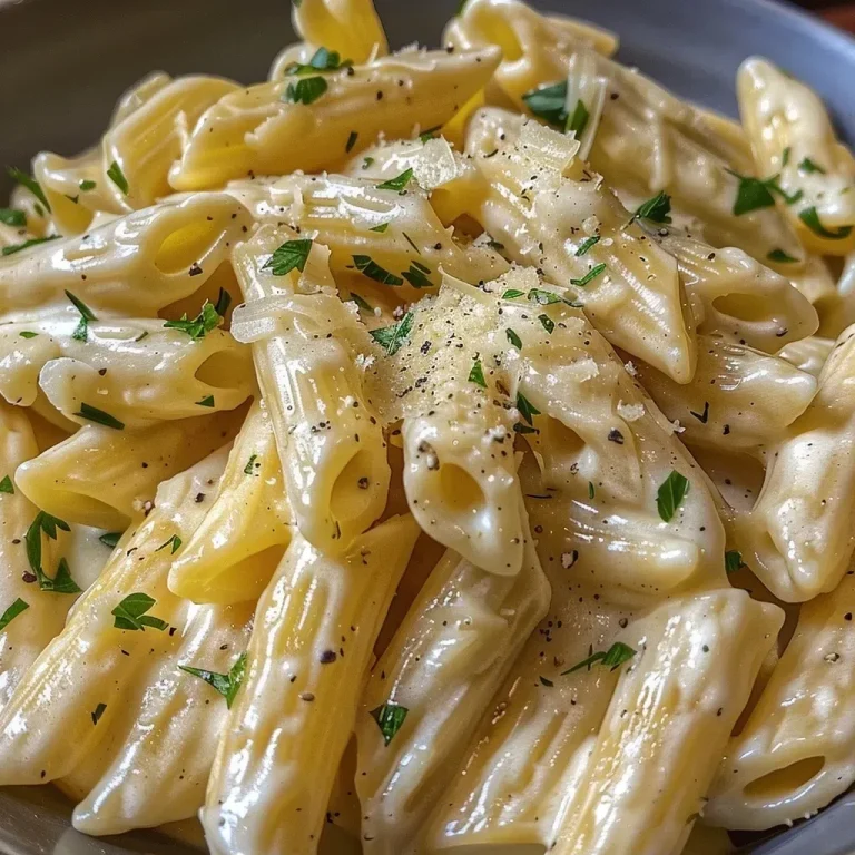 ['Close-up de prato de penne ao molho Alfredo.', 'Porção suculenta de pasta Alfredo com penne.', 'Prato de penne com molho cremoso Alfredo e parmesão.', 'Pasta Alfredo fácil com penne e salsa.']
