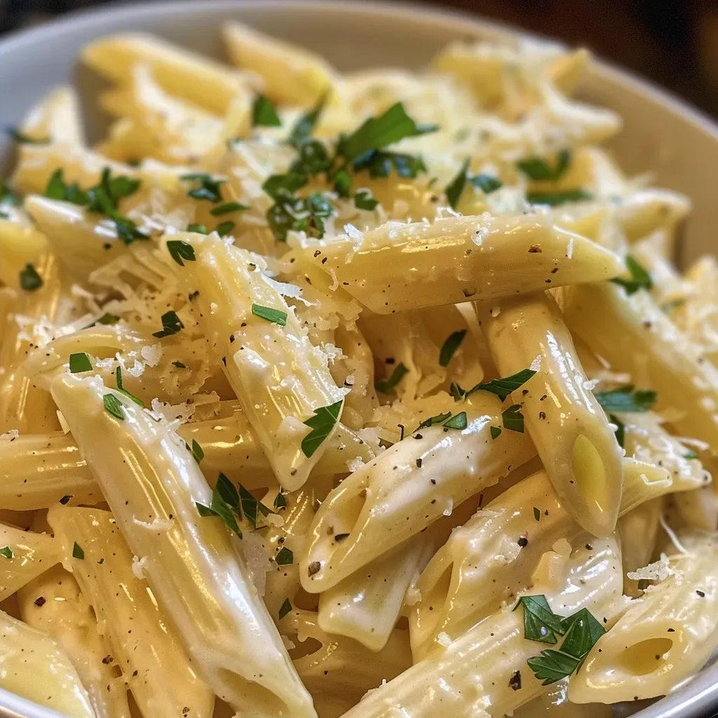 ['Close-up de prato de penne ao molho Alfredo.', 'Porção suculenta de pasta Alfredo com penne.', 'Prato de penne com molho cremoso Alfredo e parmesão.', 'Pasta Alfredo fácil com penne e salsa.']