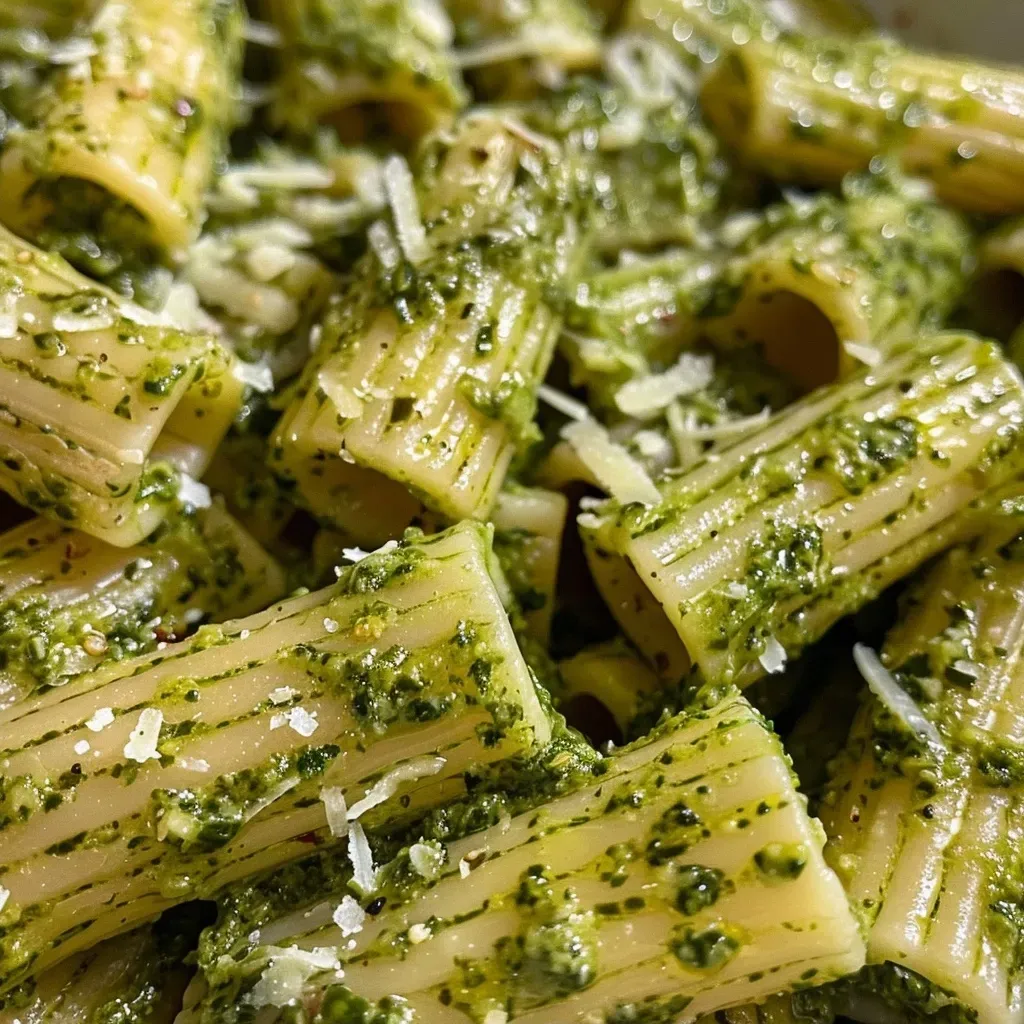 ['Close-up de um prato de macarrão ao pesto suculento.', 'Prato de macarrão ao pesto com destaque para a textura e cores vibrantes.', 'Macarrão ao pesto servido em um prato, com molho suculento.', 'Vista lateral de um prato de pasta pesto, mostrando a cremosidade.']