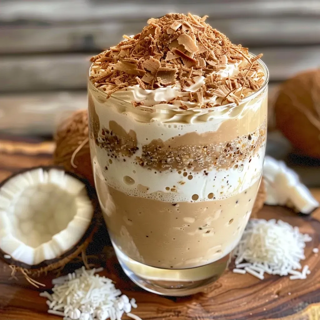 ['Close-up de um pavê de coco com biscoitos Tostines.', 'Pavê de coco cremoso em uma taça, com biscoitos Tostines.', 'Camadas de pavê de coco decorado com coco ralado.', 'Vista lateral de um pavê de coco com biscoitos e coco.']