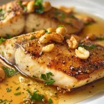 ['Filé de peixe branco suculento com molho de limão saudável.', 'Prato de peixe branco com molho de limão, decorado com ervas.', 'Close-up de peixe branco com molho cremoso de limão.', 'Porção de peixe branco grelhado com molho de limão e castanhas.']
