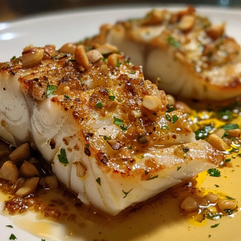 ['Filé de peixe branco suculento com molho de limão saudável.', 'Prato de peixe branco com molho de limão, decorado com ervas.', 'Close-up de peixe branco com molho cremoso de limão.', 'Porção de peixe branco grelhado com molho de limão e castanhas.']
