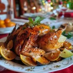 ['Peru de Natal assado com limão siciliano e ervas.', 'Close de um peru de Natal dourado com fatias de limão.', 'Peru de Natal decorado com alecrim e alho.', 'Vista lateral de um peru de Natal suculento e aromático.']