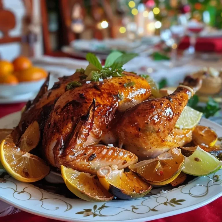 ['Peru de Natal assado com limão siciliano e ervas.', 'Close de um peru de Natal dourado com fatias de limão.', 'Peru de Natal decorado com alecrim e alho.', 'Vista lateral de um peru de Natal suculento e aromático.']