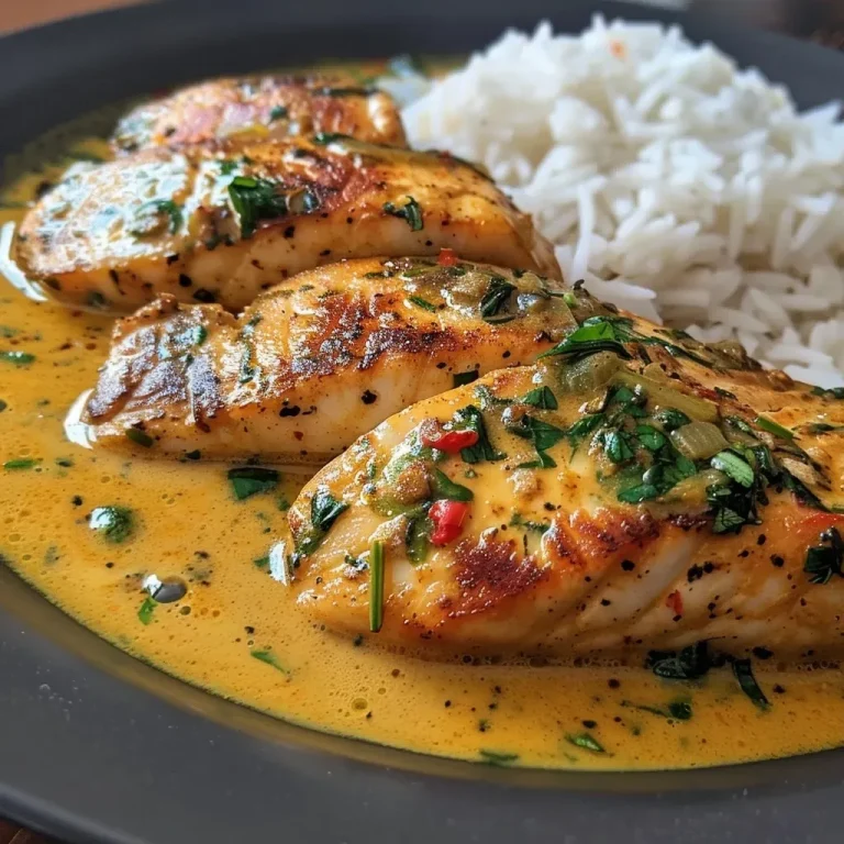 ['Prato de pescado com molho de curry e coco.', 'Pescado servido com molho de curry e coco, decorado com ervas.', 'Close-up de filé de pescado com curry e creme de coco.', 'Pescado cozido em molho de curry e coco, com vegetais.']