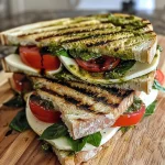 ['Panini de Pesto Caprese com queijo mozzarella e tomates frescos.', 'Close-up de um Pesto Caprese Panini recheado com espinafre e manjericão.', 'Pesto Caprese Panini com ingredientes frescos e apetitosos.', 'Delicioso Pesto Caprese Panini servido em fatias.']