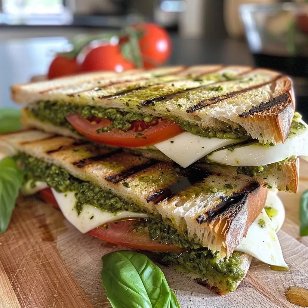 ['Panini de Pesto Caprese com queijo mozzarella e tomates frescos.', 'Close-up de um Pesto Caprese Panini recheado com espinafre e manjericão.', 'Pesto Caprese Panini com ingredientes frescos e apetitosos.', 'Delicioso Pesto Caprese Panini servido em fatias.']