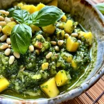 ['Close-up de pesto de manga em um prato.', 'Pesto de manga com ingredientes frescos ao redor.', 'Porção de pesto de manga com folhas de manjericão.', 'Pesto de manga decorado com pinhões e fatias de pepino.']