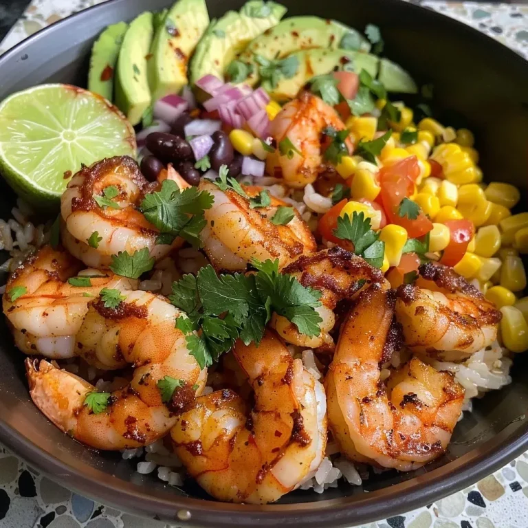 ['Tigela com camarão grelhado, arroz, feijão e abacate.', 'Camarões grelhados sobre uma cama de arroz e acompanhados de legumes.', 'Prato colorido com camarões, arroz, feijão preto e abacate.', 'Close-up de uma tigela de camarão grelhado com molho de limão e coentro.']