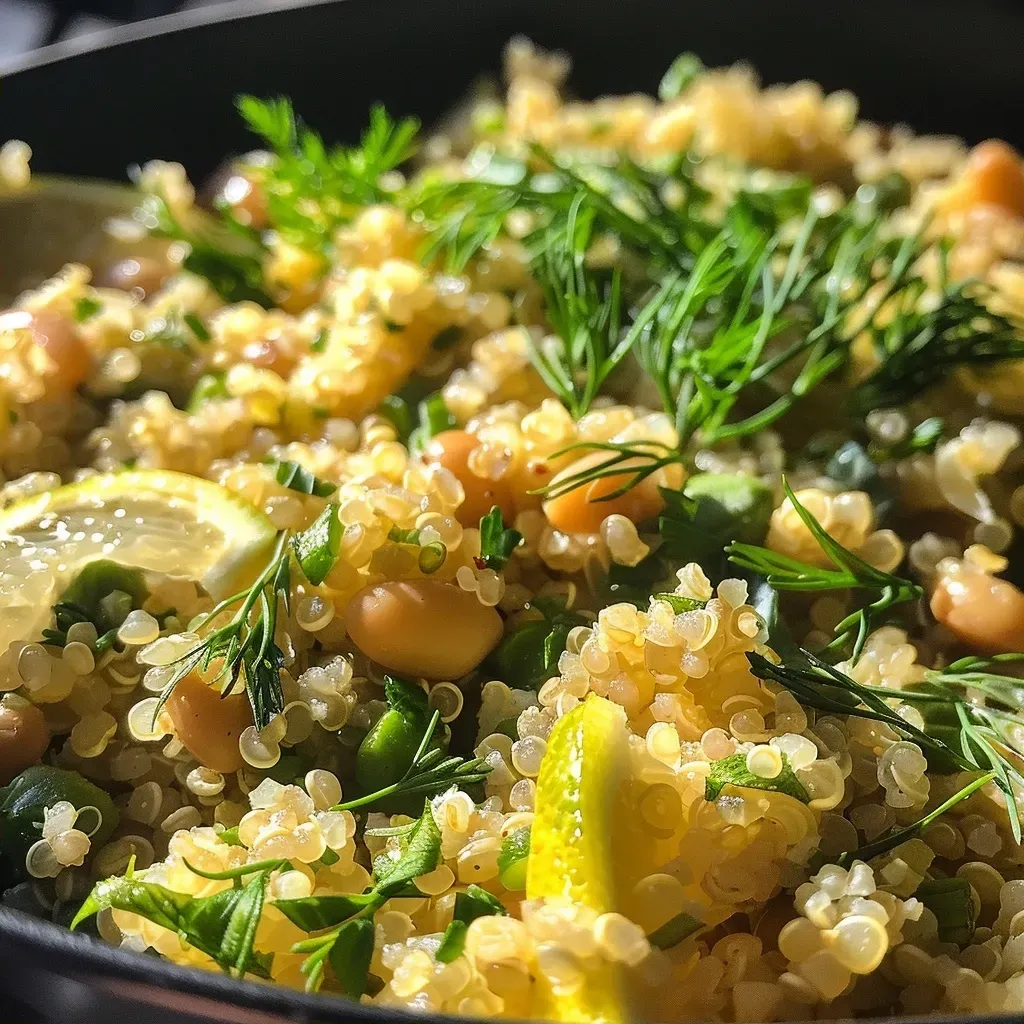 ['Quinoa com limão, ervas e feijão lima em um prato.', 'Preparação de quinoa com limão e dill, vista lateral.', 'Prato colorido de quinoa com ervas e feijão lima.', 'Quinoa temperada com limão e dill, close-up.']