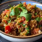 ['Close-up de quinoa com tomate, mostrando a textura e os ingredientes frescos.', 'Quinoa cozida e tomates frescos em um prato, com ervas e especiarias visíveis.', 'Porção de quinoa com pedaços de tomate e temperos, destacando cores vibrantes.', 'Quinoa apetitosa com tomates e temperos, apresentada de lado em um prato.']