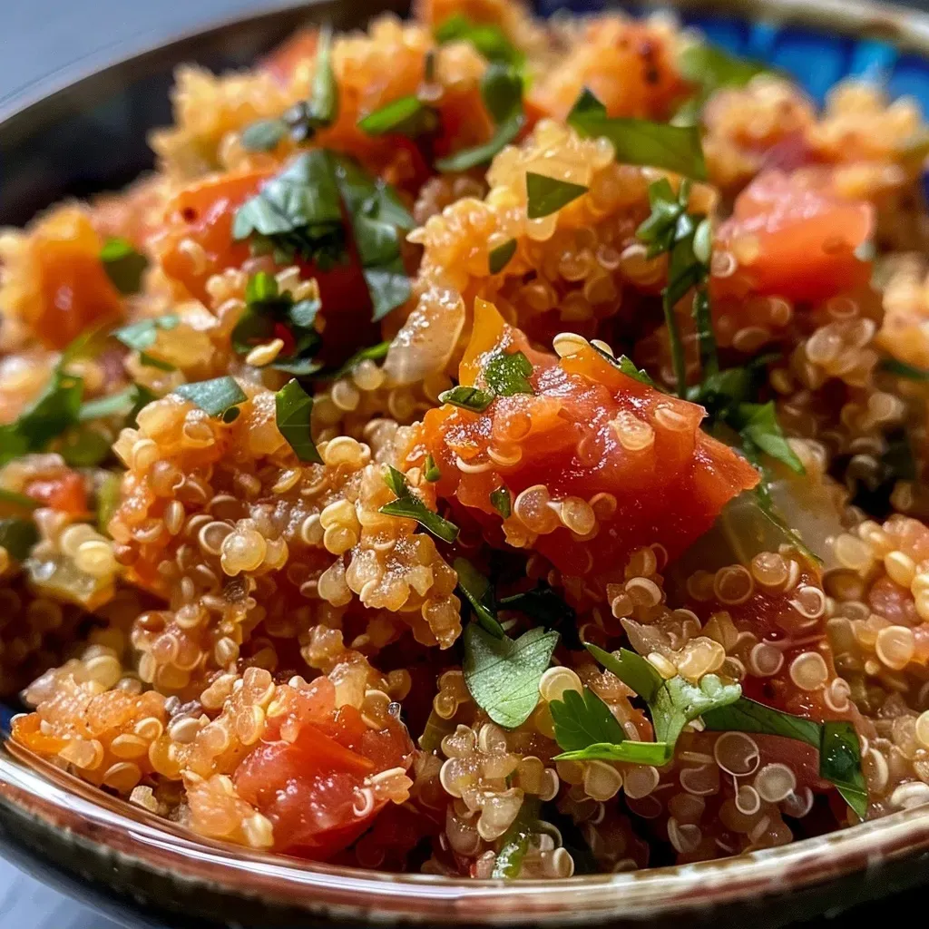 ['Close-up de quinoa com tomate, mostrando a textura e os ingredientes frescos.', 'Quinoa cozida e tomates frescos em um prato, com ervas e especiarias visíveis.', 'Porção de quinoa com pedaços de tomate e temperos, destacando cores vibrantes.', 'Quinoa apetitosa com tomates e temperos, apresentada de lado em um prato.']