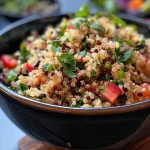 ['Quinoa cozida em uma panela, com textura suculenta.', 'Close-up de quinoa fresca e cozida com água.', 'Quinoa em uma panela, evidenciando sua cor e textura.', 'Quinoa pronta para ser servida, com aparência apetitoso.']