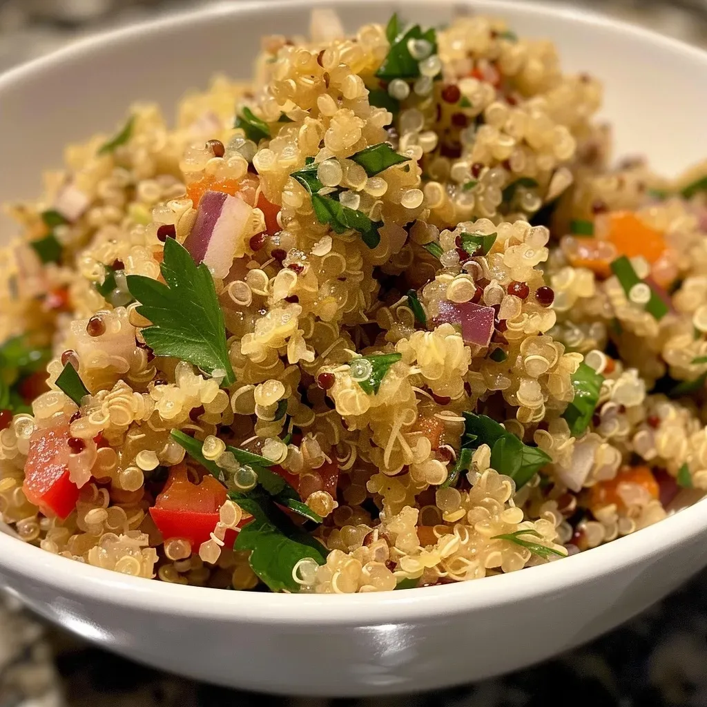 ['Quinoa cozida em uma panela, com textura suculenta.', 'Close-up de quinoa fresca e cozida com água.', 'Quinoa em uma panela, evidenciando sua cor e textura.', 'Quinoa pronta para ser servida, com aparência apetitoso.']