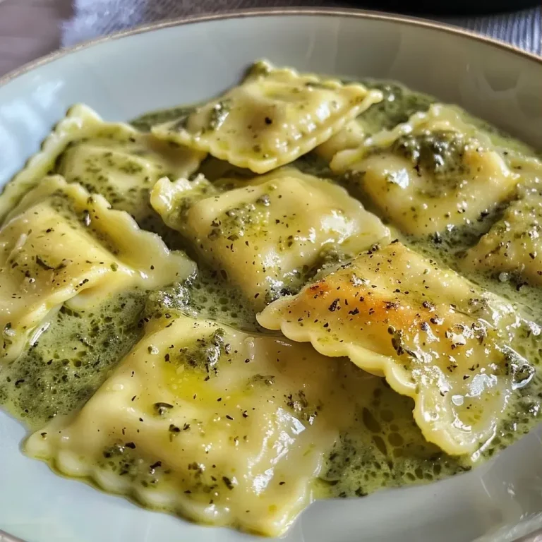 ['Ravioli com molho cremoso de coco e pesto em um prato.', 'Close de ravioli servido com molho de creme de coco e pesto.', 'Prato de ravioli coberto com molho de pesto e leite de coco.', 'Ravioli com molho de creme de coco e pesto em destaque.']