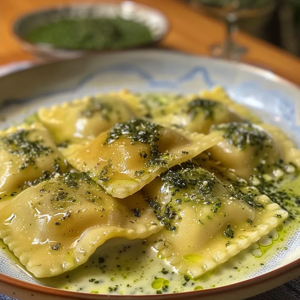 ['Ravioli com molho cremoso de coco e pesto em um prato.', 'Close de ravioli servido com molho de creme de coco e pesto.', 'Prato de ravioli coberto com molho de pesto e leite de coco.', 'Ravioli com molho de creme de coco e pesto em destaque.']