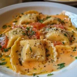 ['Ravioli com molho cremoso e tomates secos ao sol em um prato.', 'Close de ravioli fresco coberto com molho de creme de tomate seco.', 'Prato de ravioli com molho cremoso e toques de manjericão.', 'Ravioli recheado servido com um rico molho de tomate seco ao sol.']