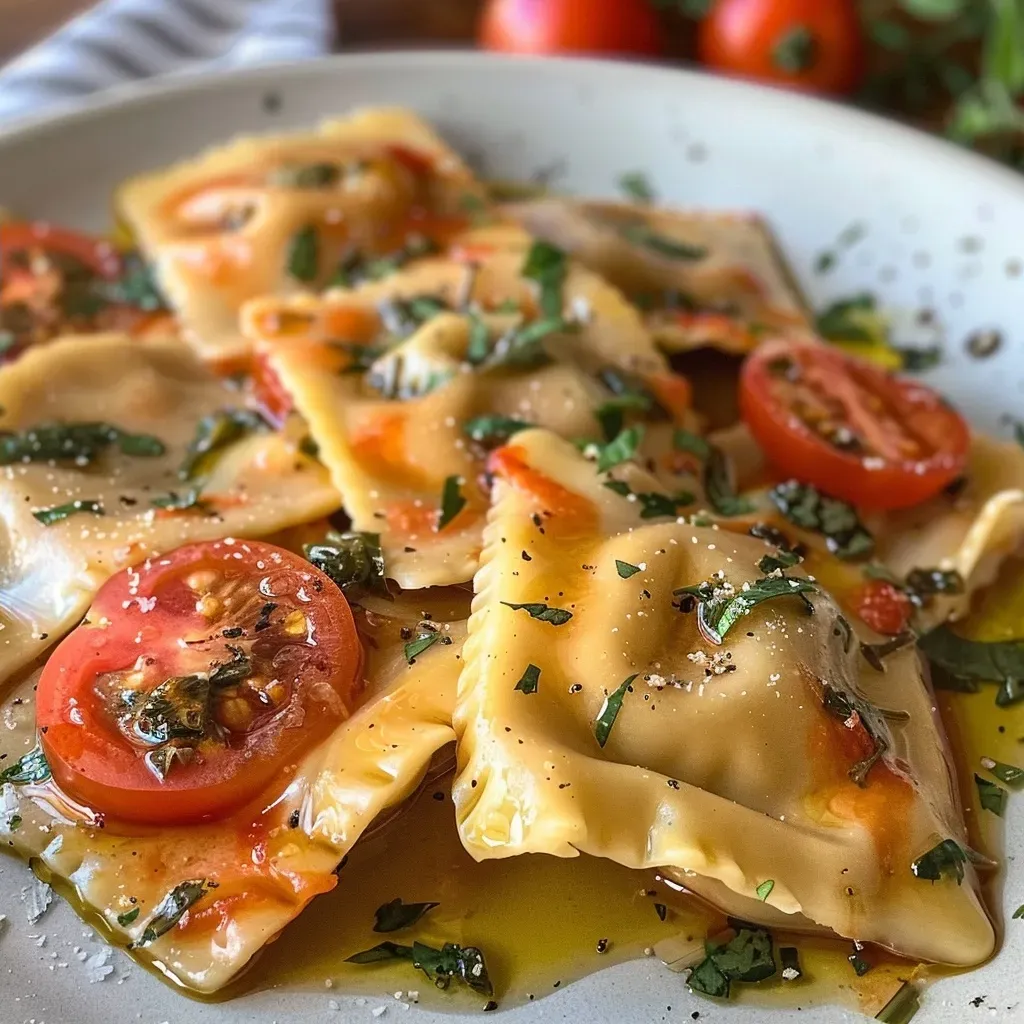 ['Ravioli com molho cremoso e tomates secos ao sol em um prato.', 'Close de ravioli fresco coberto com molho de creme de tomate seco.', 'Prato de ravioli com molho cremoso e toques de manjericão.', 'Ravioli recheado servido com um rico molho de tomate seco ao sol.']