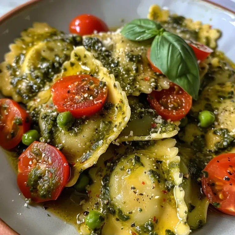 ['Ravioli recheado com pesto em um prato, com tomates e ervilhas.', 'Close-up de ravioli com coberturas de pesto e ervilhas.', 'Prato com ravioli ao pesto, decorado com tomate e queijo.', 'Ravioli com molho pesto, acompanhado de ervilhas e tomate.']