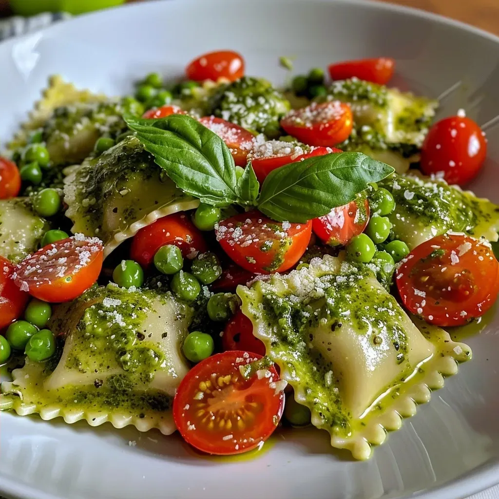['Ravioli recheado com pesto em um prato, com tomates e ervilhas.', 'Close-up de ravioli com coberturas de pesto e ervilhas.', 'Prato com ravioli ao pesto, decorado com tomate e queijo.', 'Ravioli com molho pesto, acompanhado de ervilhas e tomate.']
