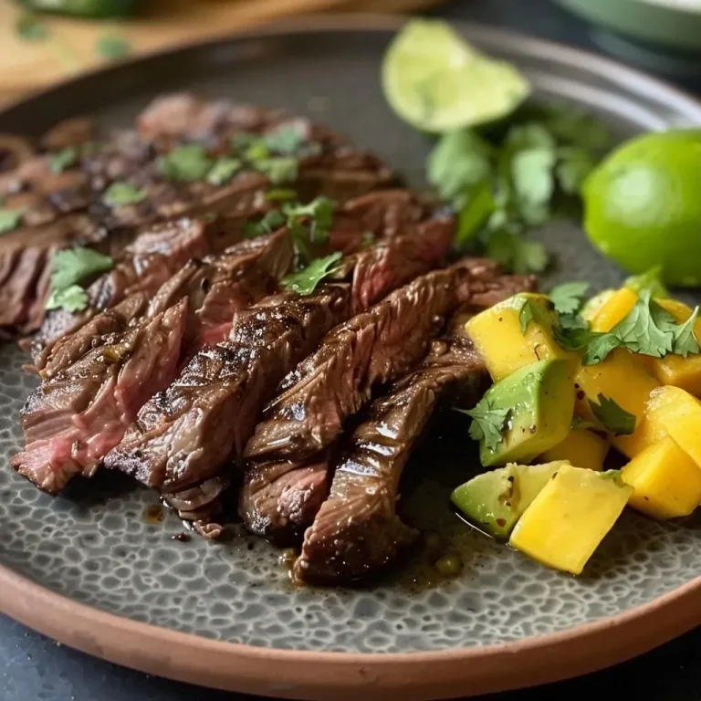 ['Bife flank grelhado suculento com salsa de manga e abacate.', 'Close-up de bife flank grelhado ao lado de uma salsa colorida.', 'Vista lateral de bife flank grelhado com salsa fresca de manga e abacate.', 'Prato de bife flank grelhado decorado com salsa vibrante de frutas.']