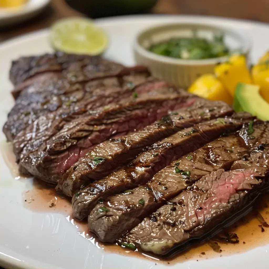 ['Bife flank grelhado suculento com salsa de manga e abacate.', 'Close-up de bife flank grelhado ao lado de uma salsa colorida.', 'Vista lateral de bife flank grelhado com salsa fresca de manga e abacate.', 'Prato de bife flank grelhado decorado com salsa vibrante de frutas.']