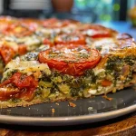 ['Torta de milho apetitosamente fatiada com ingredientes coloridos.', 'Vista lateral de uma torta de milho com pimentões e cebola.', 'Torta de milho com recheio de legumes frescos em destaque.', 'Close up de uma torta de milho com texturas atraentes.']