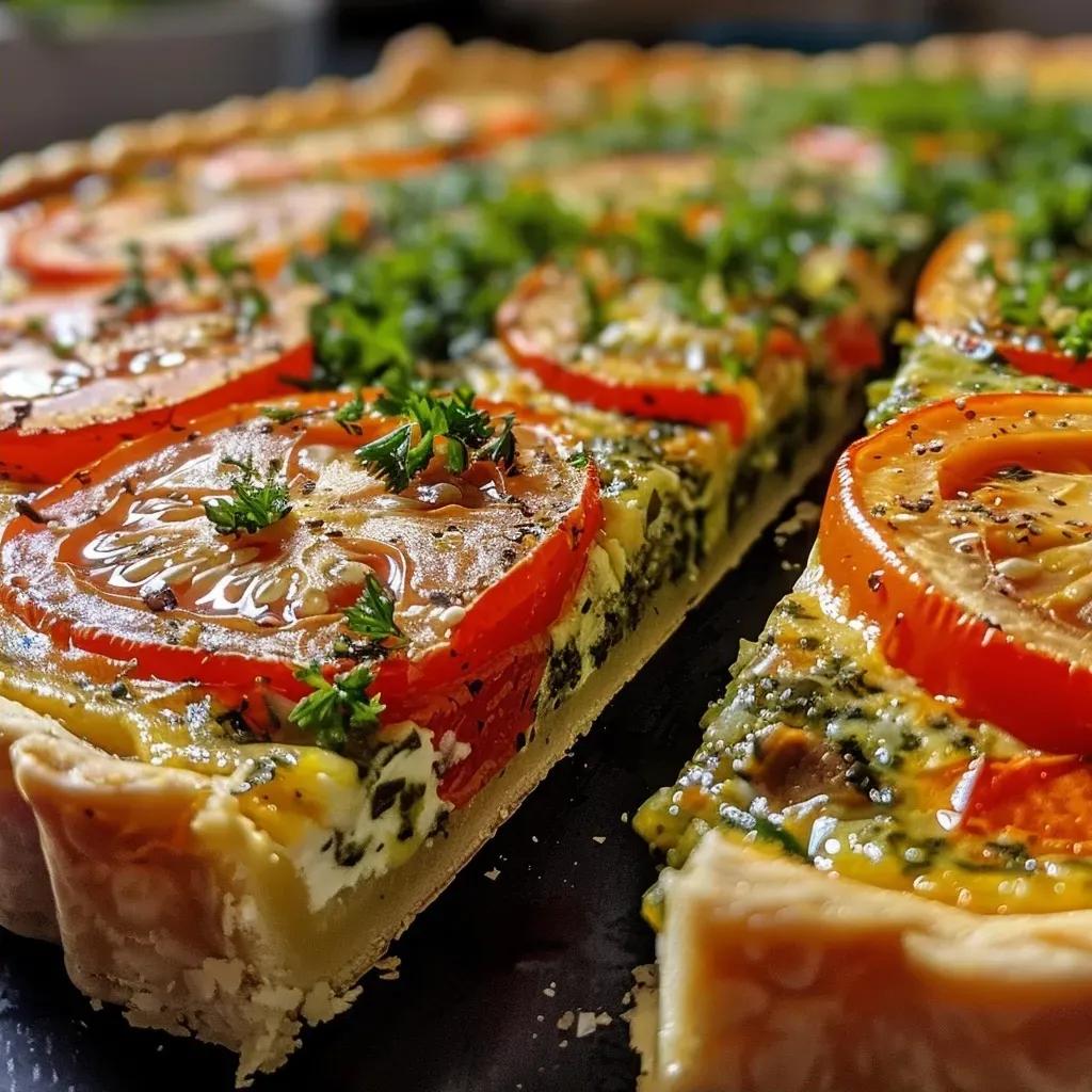 ['Torta de milho apetitosamente fatiada com ingredientes coloridos.', 'Vista lateral de uma torta de milho com pimentões e cebola.', 'Torta de milho com recheio de legumes frescos em destaque.', 'Close up de uma torta de milho com texturas atraentes.']