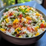 ['Salada de arroz basmati com pepino e mango em um prato colorido.', 'Close de uma salada fresca com arroz basmati, manga, pepino e tomates.', 'Prato de salada vibrante com arroz basmati e ingredientes frescos como mango e pepino.', 'Combinação refrescante de arroz basmati, mango e vegetais em uma salada.']