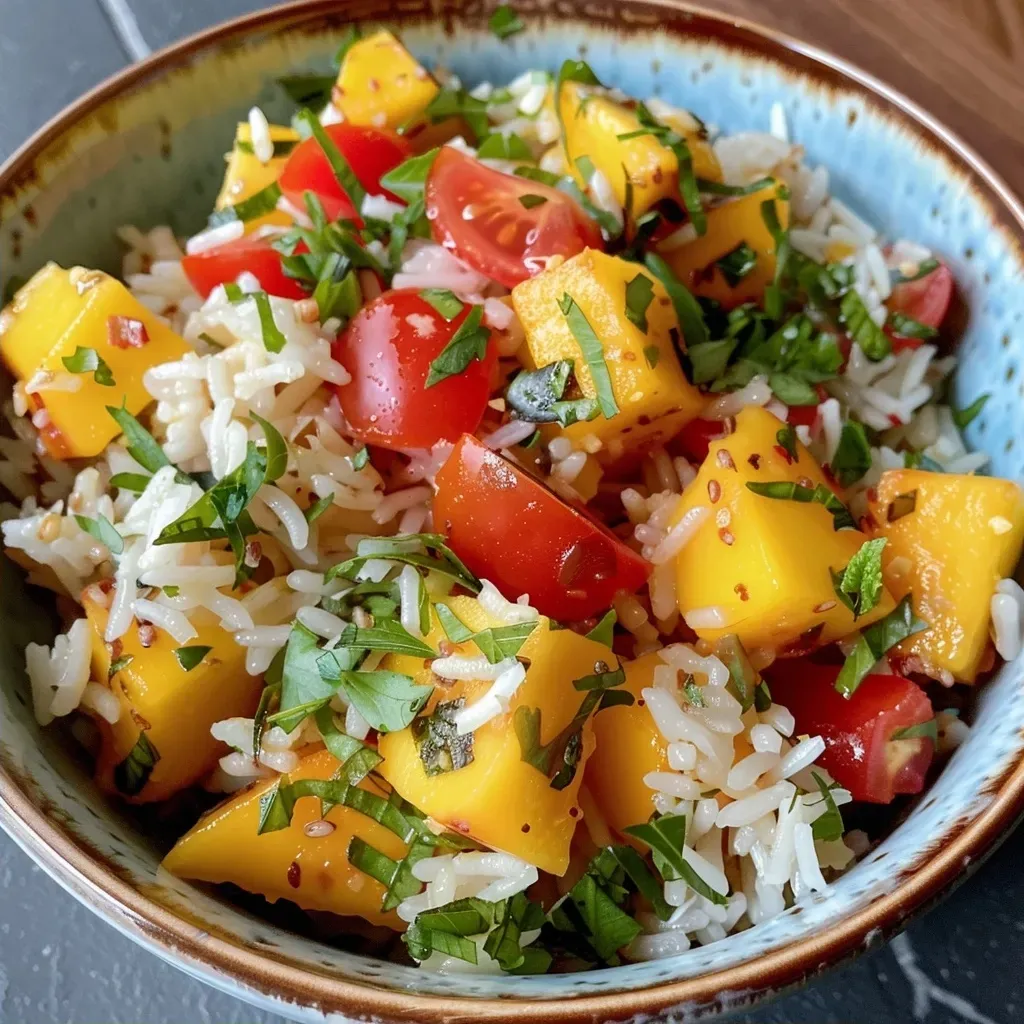['Salada de arroz basmati com pepino e mango em um prato colorido.', 'Close de uma salada fresca com arroz basmati, manga, pepino e tomates.', 'Prato de salada vibrante com arroz basmati e ingredientes frescos como mango e pepino.', 'Combinação refrescante de arroz basmati, mango e vegetais em uma salada.']
