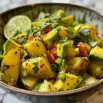 ['Salada de batata com abacate em um prato.', 'Close-up de uma salada colorida de batata e abacate.', 'Salada de batata com cubos de abacate e pepino em uma mesa.', 'Prato de salada de batata com abacate e coentro fresco.']