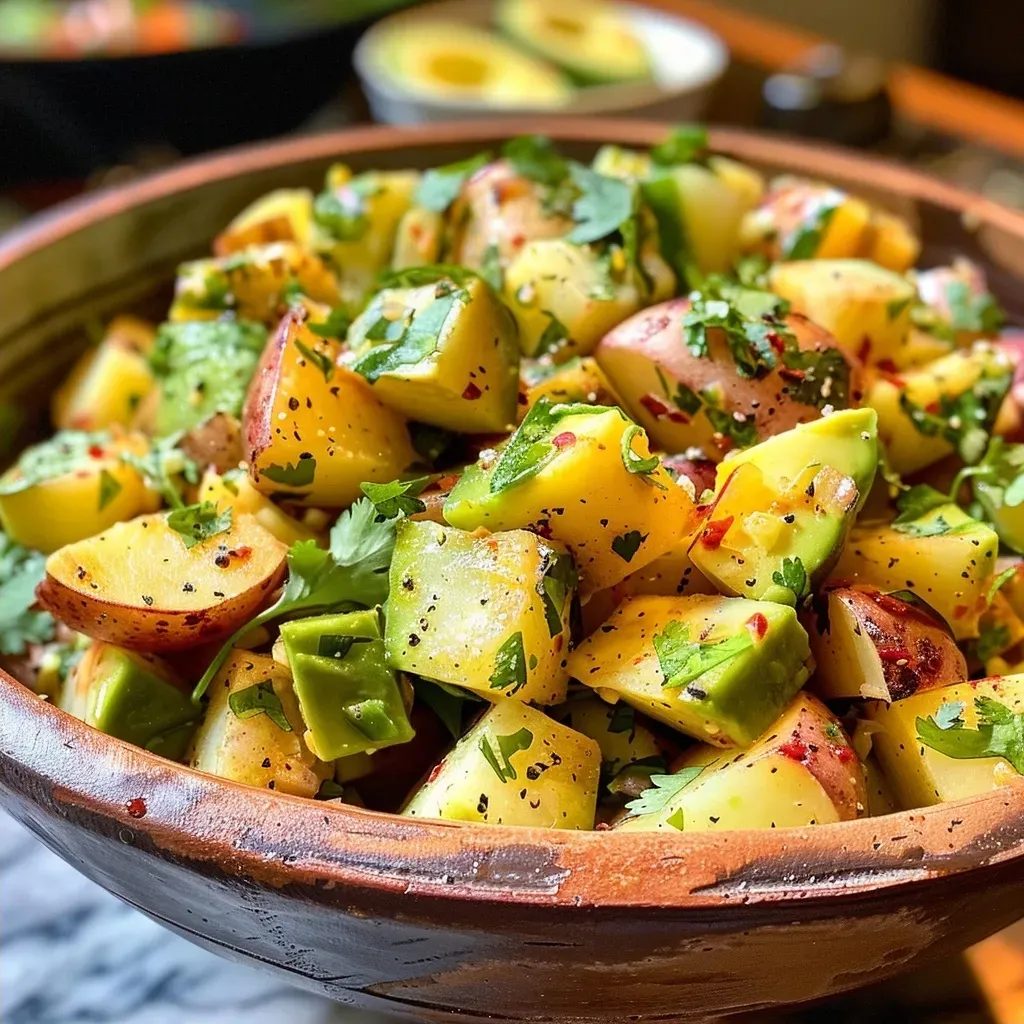 ['Salada de batata com abacate em um prato.', 'Close-up de uma salada colorida de batata e abacate.', 'Salada de batata com cubos de abacate e pepino em uma mesa.', 'Prato de salada de batata com abacate e coentro fresco.']