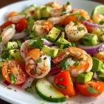 ['Salada de camarão com abacate, tomates cereja e cebola roxa.', 'Close-up de uma salada fresca de camarão, abacate e vegetais.', 'Prato colorido de salada com camarão cozido e abacate.', 'Salada vibrante de camarão e abacate com ingredientes frescos.']