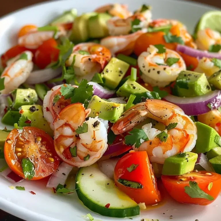 ['Salada de camarão com abacate, tomates cereja e cebola roxa.', 'Close-up de uma salada fresca de camarão, abacate e vegetais.', 'Prato colorido de salada com camarão cozido e abacate.', 'Salada vibrante de camarão e abacate com ingredientes frescos.']