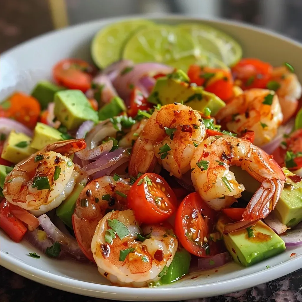['Salada de camarão com abacate, tomates cereja e cebola roxa.', 'Close-up de uma salada fresca de camarão, abacate e vegetais.', 'Prato colorido de salada com camarão cozido e abacate.', 'Salada vibrante de camarão e abacate com ingredientes frescos.']