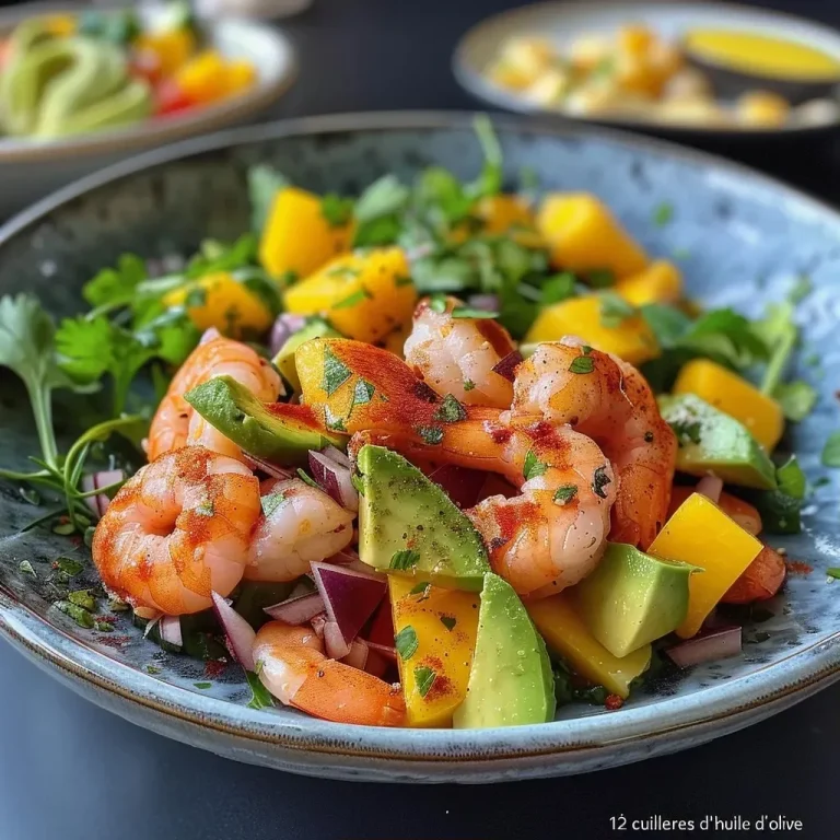 ['Salada colorida com camarões, manga e abacate.', 'Prato refrescante de salada com crevettes, manga e abacate.', 'Close-up de salada de camarão, manga e abacate em um prato.', 'Salada vibrante de crevettes com pedaços de abacate e manga.']