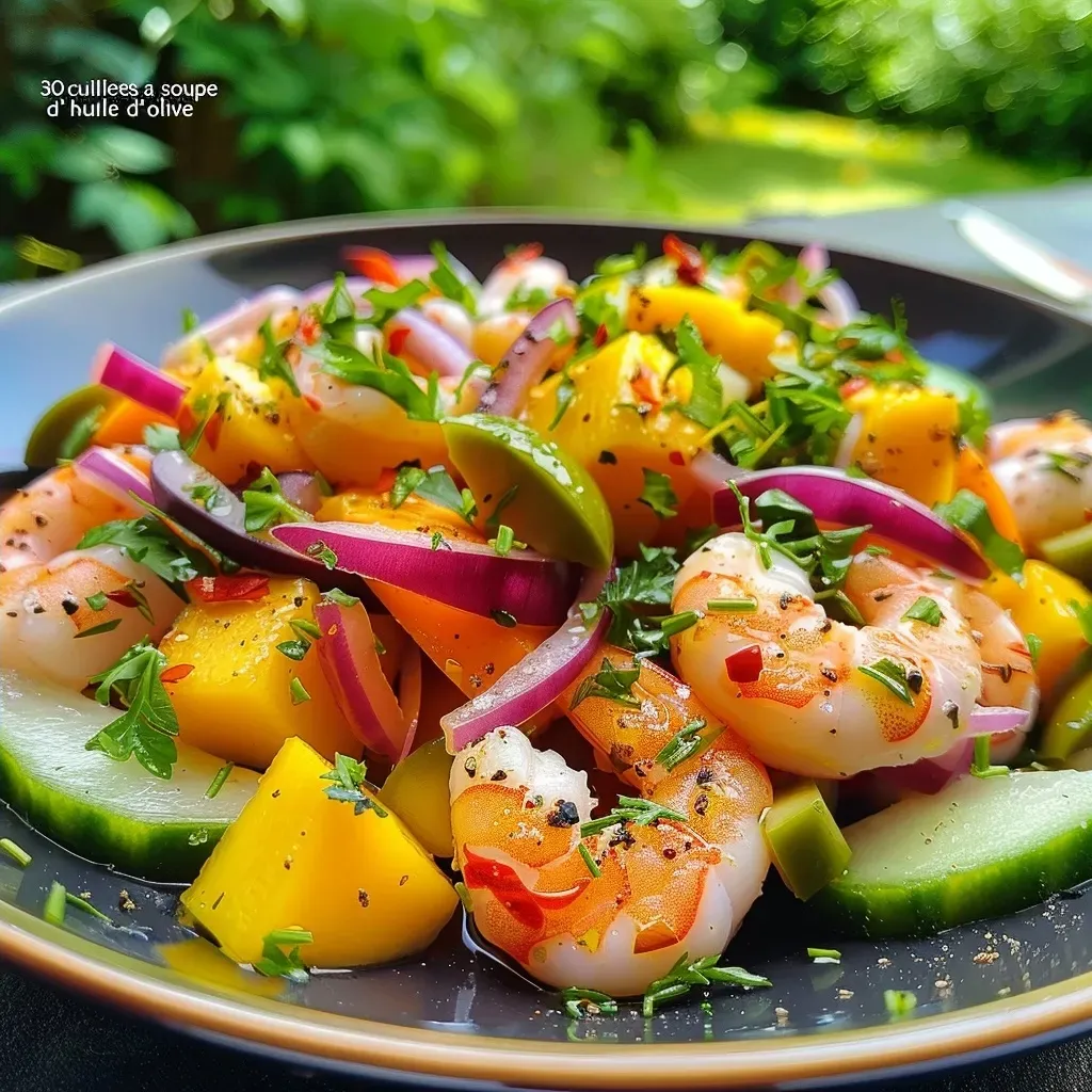 ['Salada colorida de camarão com manga e folhas de manjericão roxo.', 'Close-up de uma salada de camarão e manga com molho de cúrcuma.', 'Ingredientes frescos de uma salada de camarão, manga e verduras.', 'Salada de camarão com manga, manjericão roxo e molho colorido.']
