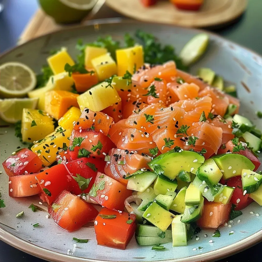 ['Salada colorida de cuscuz com pedaços de salmão e fatias de limão.', 'Close-up de uma salada de cuscuz acompanhada de salmão e ervas frescas.', 'Prato de salada de cuscuz, salmão e limão, decorado com folhas verdes.', 'Salada fresca de cuscuz com salmão, ervas e limão, em um fundo claro.']